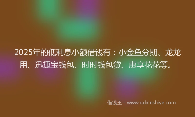 2025年的低利息小额借钱有:小金鱼分期、龙龙用、迅捷宝钱包、时时钱包贷、惠享花花等。
