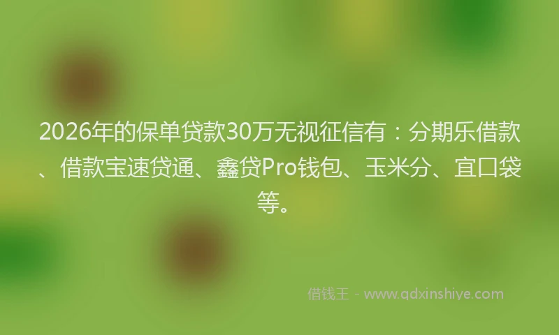 2026年的保单贷款30万无视征信有：分期乐借款、借款宝速贷通、鑫贷Pro钱包、玉米分、宜口袋等。