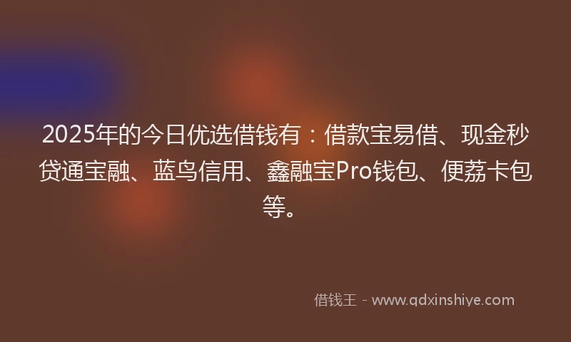 2025年的今日优选借钱有:借款宝易借、现金秒贷通宝融、蓝鸟信用、鑫融宝Pro钱包、便荔卡包等。
