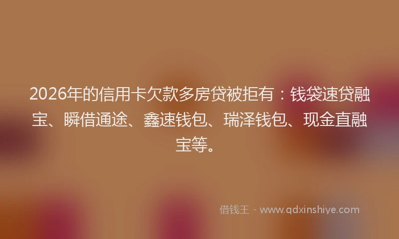 2026年的信用卡欠款多房贷被拒有：钱袋速贷融宝、瞬借通途、鑫速钱包、瑞泽钱包、现金直融宝等。