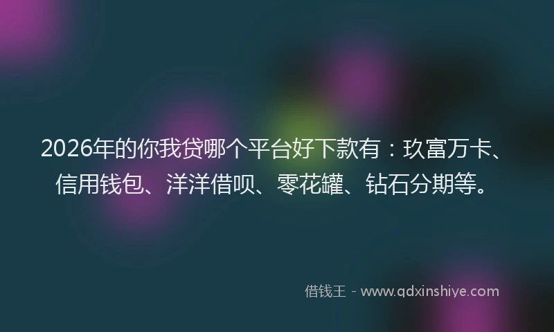 2026年的你我贷哪个平台好下款有：玖富万卡、信用钱包、洋洋借呗、零花罐、钻石分期等。