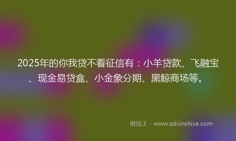 2025年的你我贷不看征信有:小羊贷款、飞融宝、现金易贷盒、小金象分期、黑鲸商场等。