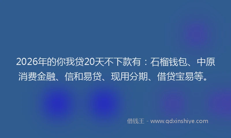 2026年的你我贷20天不下款有：石榴钱包、中原消费金融、信和易贷、现用分期、借贷宝易等。