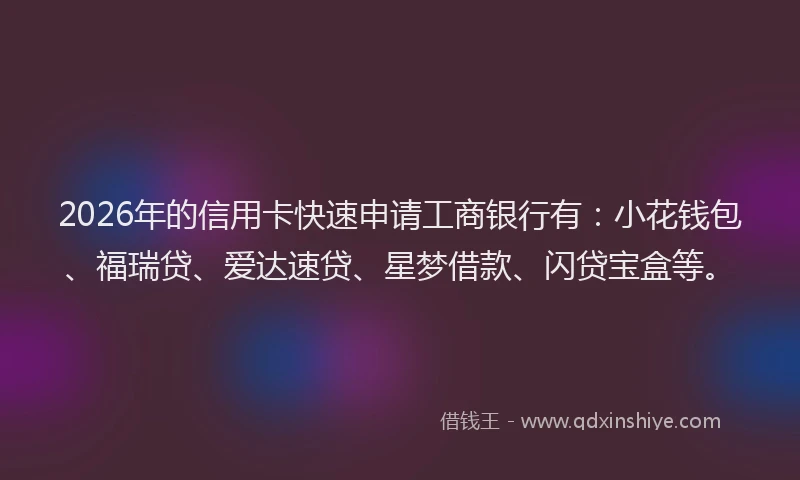 2026年的信用卡快速申请工商银行有：小花钱包、福瑞贷、爱达速贷、星梦借款、闪贷宝盒等。