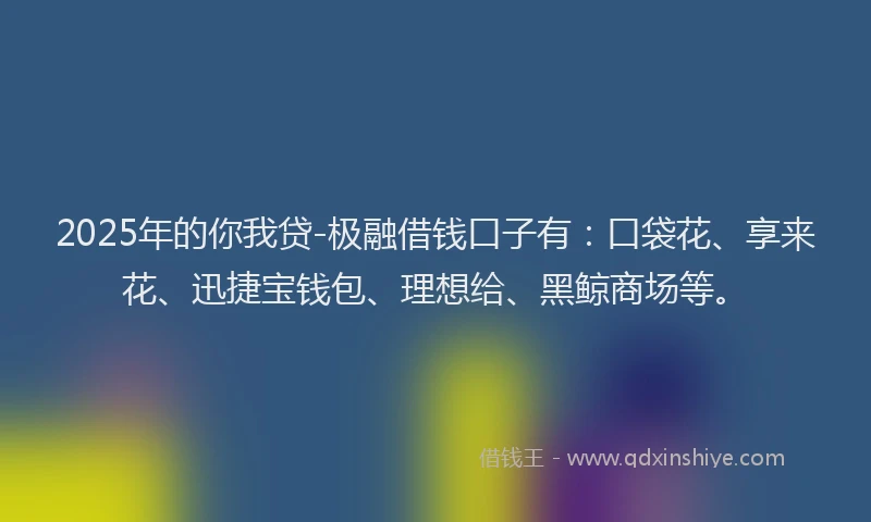 2025年的你我贷-极融借钱口子有：口袋花、享来花、迅捷宝钱包、理想给、黑鲸商场等。
