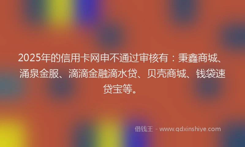 2025年的信用卡网申不通过审核有：秉鑫商城、涌泉金服、滴滴金融滴水贷、贝壳商城、钱袋速贷宝等。