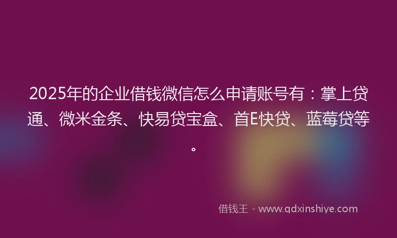 2025年的企业借钱微信怎么申请账号有:掌上贷通、微米金条、快易贷宝盒、首E快贷、蓝莓贷等。