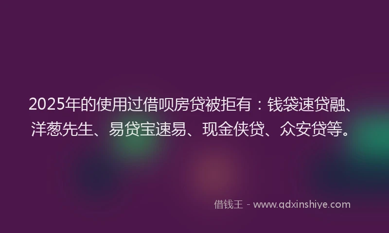 2025年的使用过借呗房贷被拒有:钱袋速贷融、洋葱先生、易贷宝速易、现金侠贷、众安贷等。