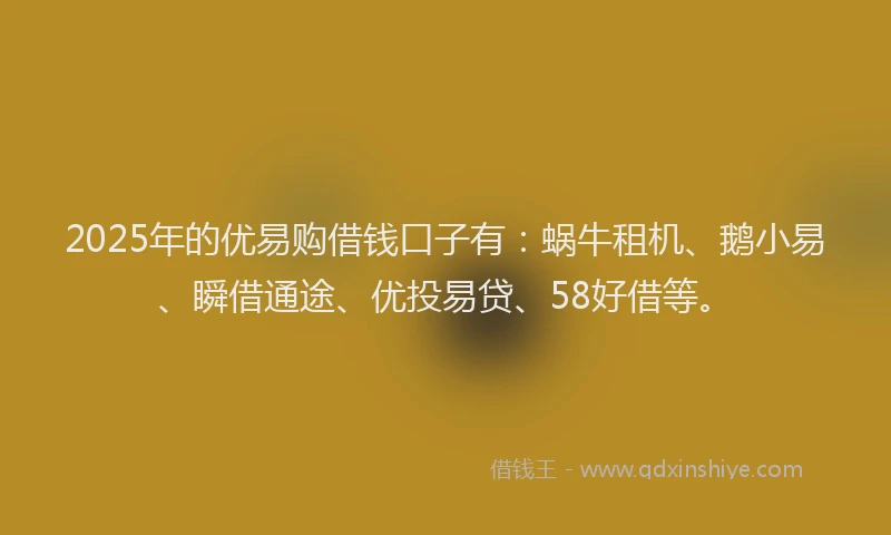 2025年的优易购借钱口子有：蜗牛租机、鹅小易、瞬借通途、优投易贷、58好借等。
