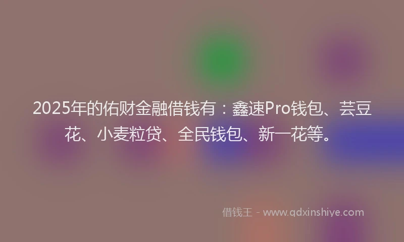 2025年的佑财金融借钱有:鑫速Pro钱包、芸豆花、小麦粒贷、全民钱包、新一花等。