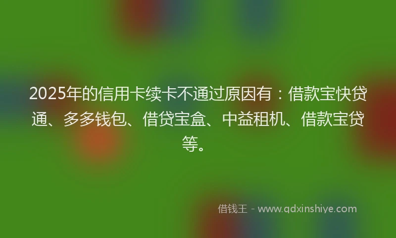 2025年的信用卡续卡不通过原因有:借款宝快贷通、多多钱包、借贷宝盒、中益租机、借款宝贷等。