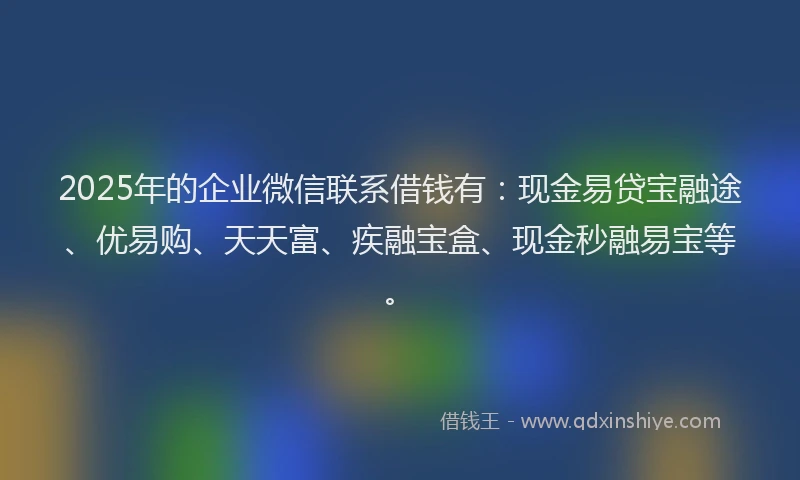 2025年的企业微信联系借钱有：现金易贷宝融途、优易购、天天富、疾融宝盒、现金秒融易宝等。
