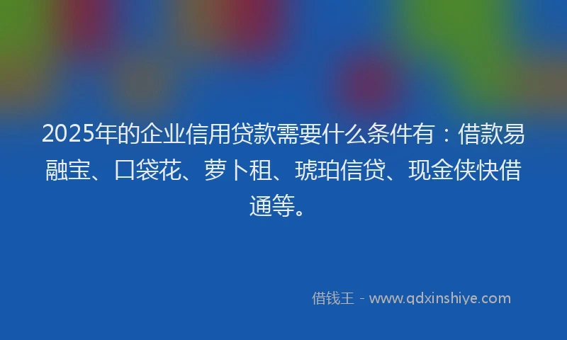 2025年的企业信用贷款需要什么条件有:借款易融宝、口袋花、萝卜租、琥珀信贷、现金侠快借通等。
