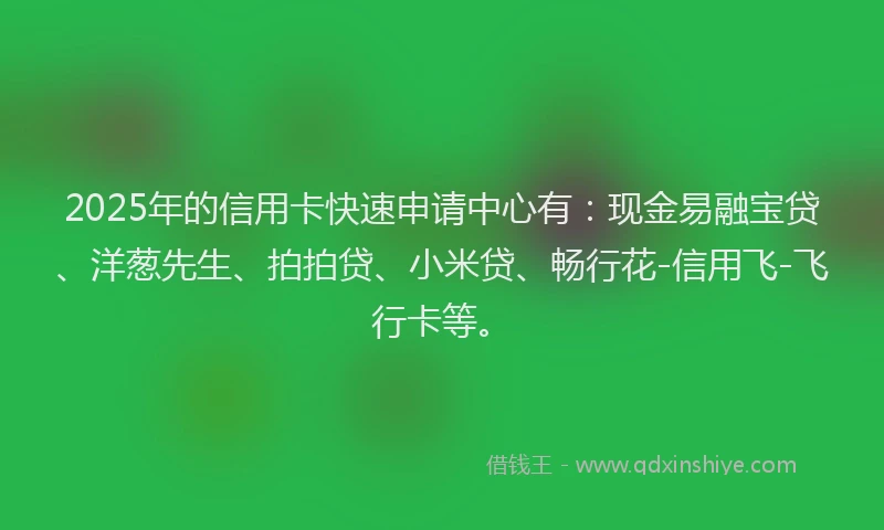2025年的信用卡快速申请中心有:现金易融宝贷、洋葱先生、拍拍贷、小米贷、畅行花-信用飞-飞行卡等。