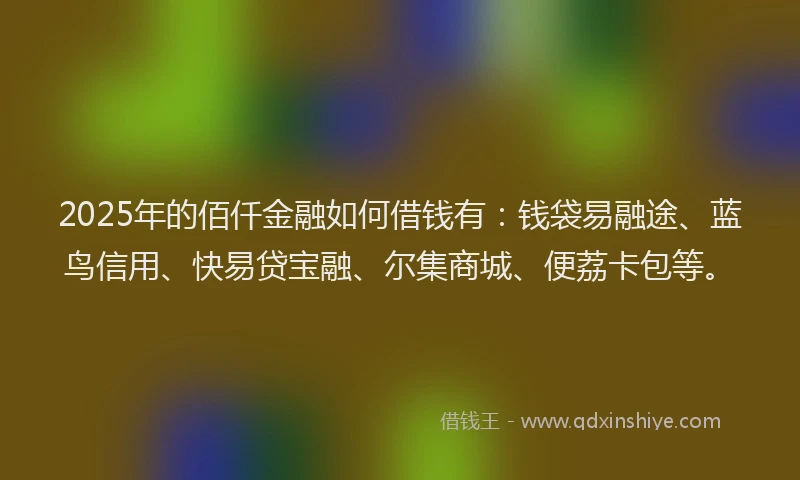 2025年的佰仟金融如何借钱有:钱袋易融途、蓝鸟信用、快易贷宝融、尔集商城、便荔卡包等。