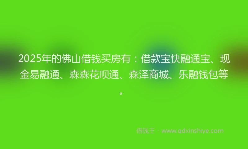 2025年的佛山借钱买房有：借款宝快融通宝、现金易融通、森森花呗通、森泽商城、乐融钱包等。