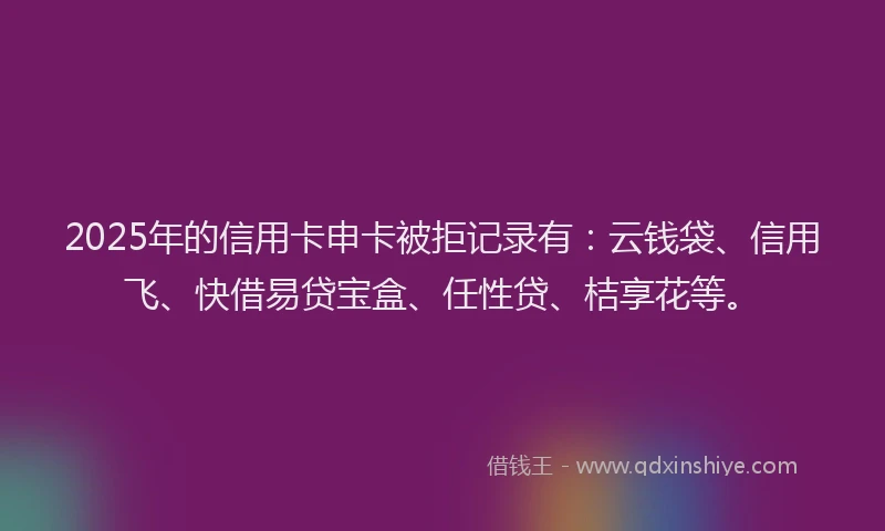 2025年的信用卡申卡被拒记录有：云钱袋、信用飞、快借易贷宝盒、任性贷、桔享花等。