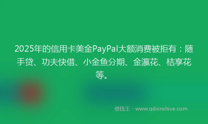 2025年的信用卡美金PayPal大额消费被拒有:随手贷、功夫快借、小金鱼分期、金瀛花、桔享花等。