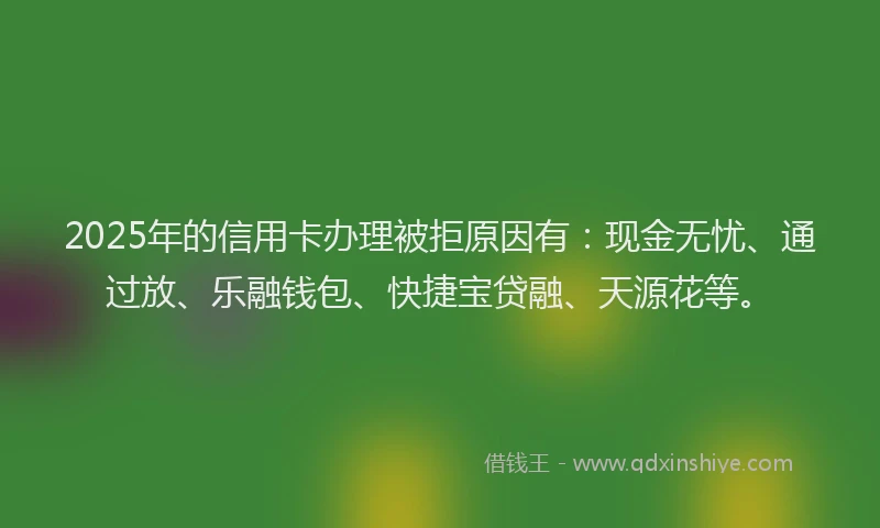 2025年的信用卡办理被拒原因有：现金无忧、通过放、乐融钱包、快捷宝贷融、天源花等。
