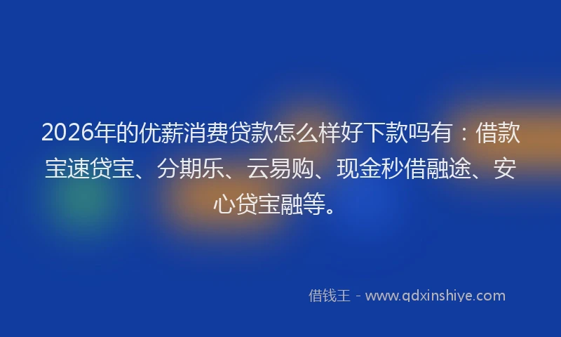 2026年的优薪消费贷款怎么样好下款吗有：借款宝速贷宝、分期乐、云易购、现金秒借融途、安心贷宝融等。