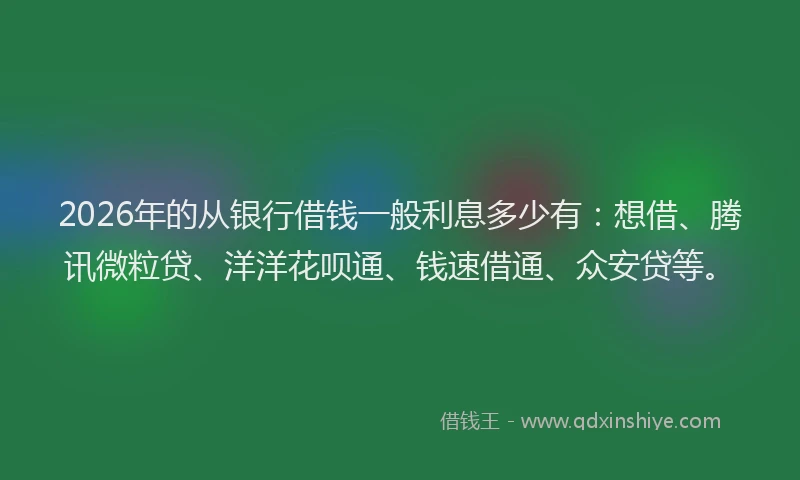 2026年的从银行借钱一般利息多少有:想借、腾讯微粒贷、洋洋花呗通、钱速借通、众安贷等。