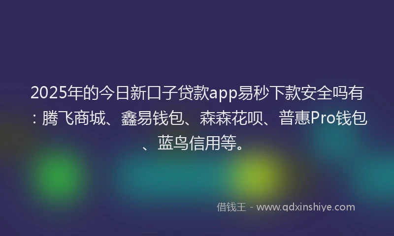 2025年的今日新口子贷款app易秒下款安全吗有：腾飞商城、鑫易钱包、森森花呗、普惠Pro钱包、蓝鸟信用等。