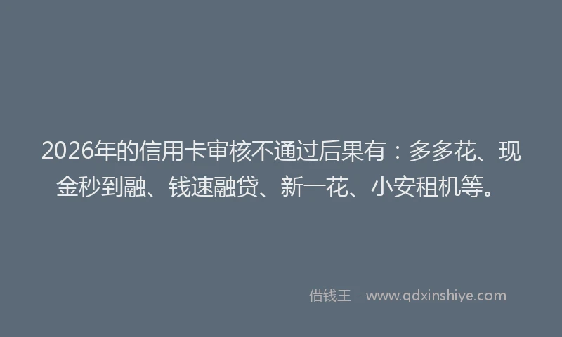 2026年的信用卡审核不通过后果有：多多花、现金秒到融、钱速融贷、新一花、小安租机等。