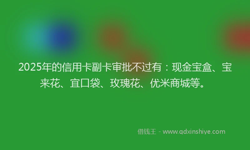 2025年的信用卡副卡审批不过有：现金宝盒、宝来花、宜口袋、玫瑰花、优米商城等。