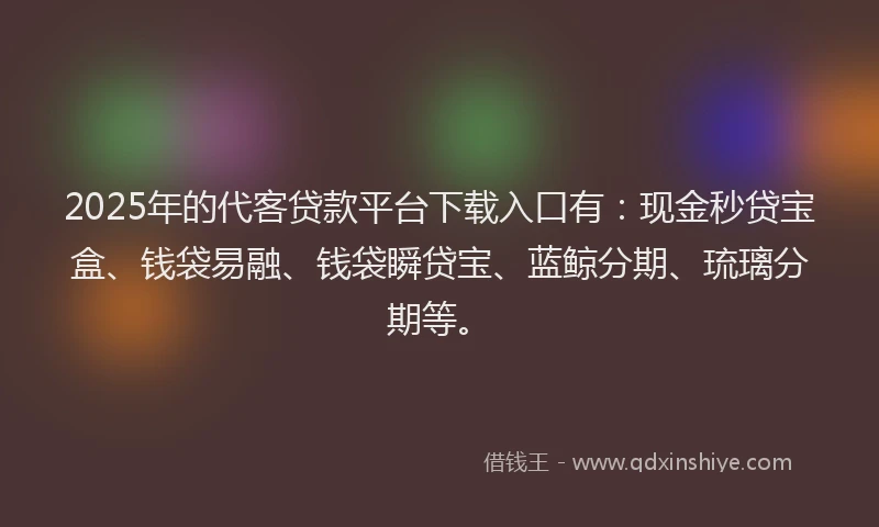 2025年的代客贷款平台下载入口有:现金秒贷宝盒、钱袋易融、钱袋瞬贷宝、蓝鲸分期、琉璃分期等。