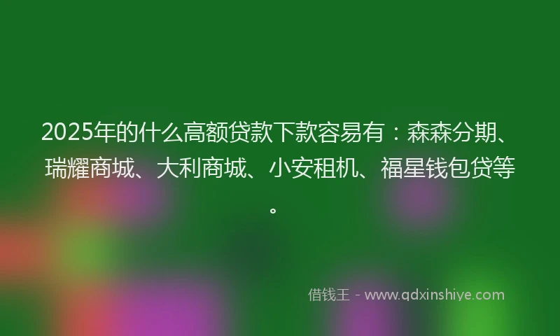 2025年的什么高额贷款下款容易有：森森分期、瑞耀商城、大利商城、小安租机、福星钱包贷等。