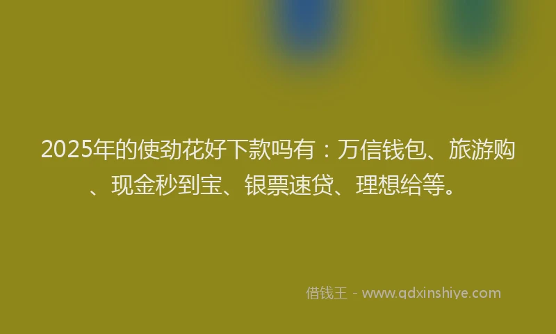 2025年的使劲花好下款吗有：万信钱包、旅游购、现金秒到宝、银票速贷、理想给等。