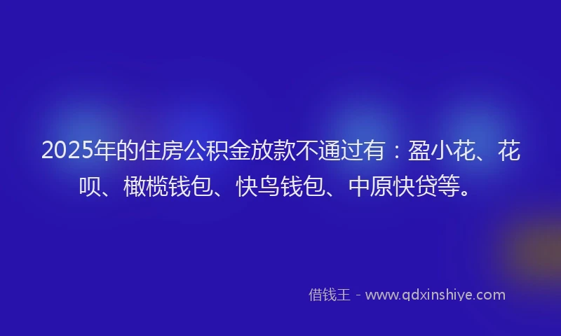 2025年的住房公积金放款不通过有：盈小花、花呗、橄榄钱包、快鸟钱包、中原快贷等。