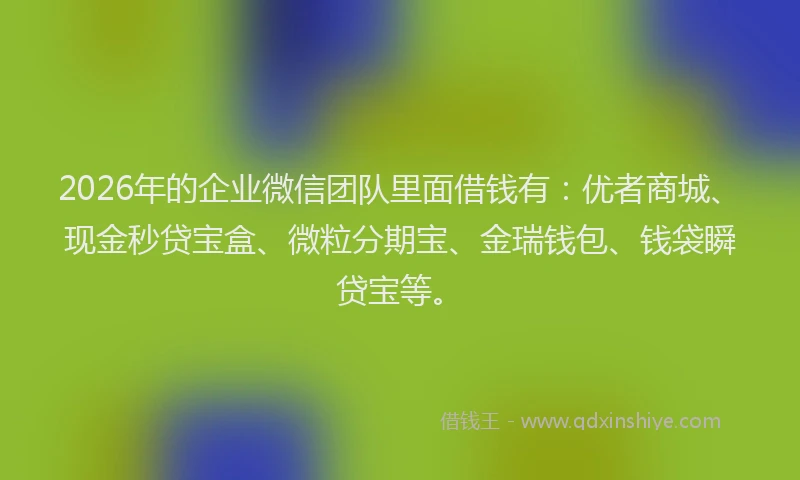 2026年的企业微信团队里面借钱有：优者商城、现金秒贷宝盒、微粒分期宝、金瑞钱包、钱袋瞬贷宝等。