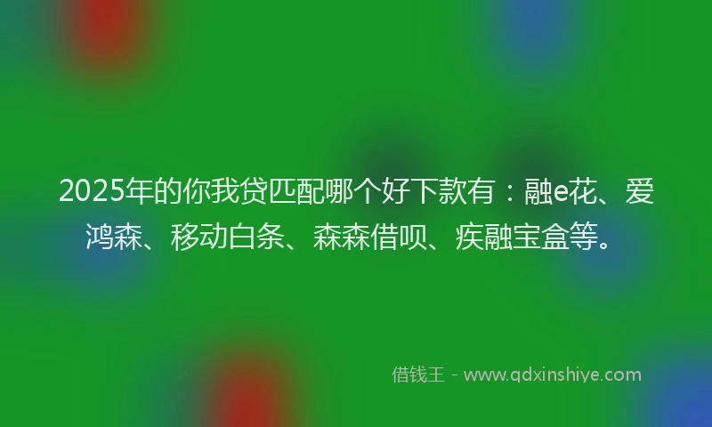 2025年的你我贷匹配哪个好下款有:融e花、爱鸿森、移动白条、森森借呗、疾融宝盒等。