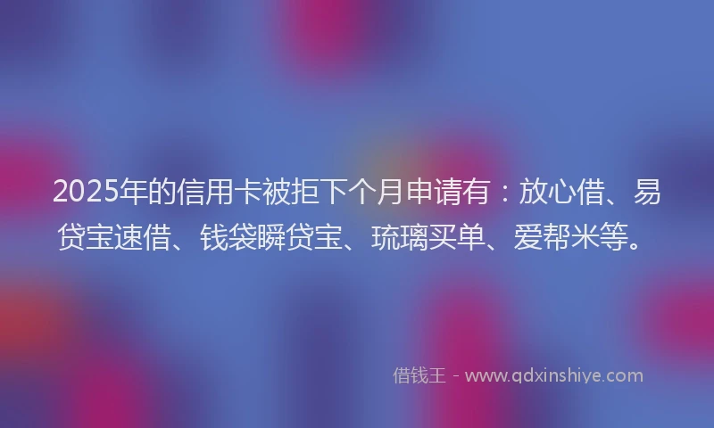 2025年的信用卡被拒下个月申请有：放心借、易贷宝速借、钱袋瞬贷宝、琉璃买单、爱帮米等。