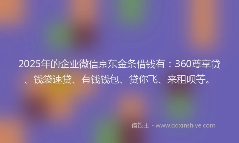 2025年的企业微信京东金条借钱有:360尊享贷、钱袋速贷、有钱钱包、贷你飞、来租呗等。