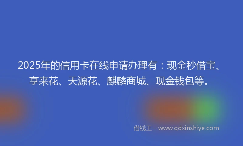 2025年的信用卡在线申请办理有：现金秒借宝、享来花、天源花、麒麟商城、现金钱包等。