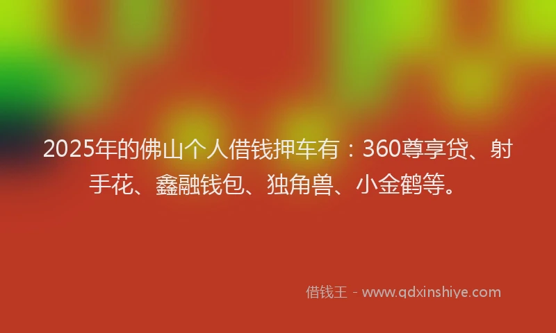 2025年的佛山个人借钱押车有：360尊享贷、射手花、鑫融钱包、独角兽、小金鹤等。