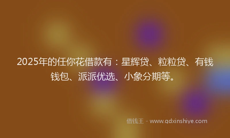 2025年的任你花借款有:星辉贷、粒粒贷、有钱钱包、派派优选、小象分期等。