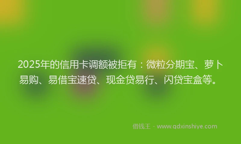 2025年的信用卡调额被拒有:微粒分期宝、萝卜易购、易借宝速贷、现金贷易行、闪贷宝盒等。