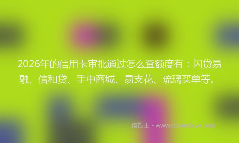 2026年的信用卡审批通过怎么查额度有：闪贷易融、信和贷、手中商城、易支花、琉璃买单等。