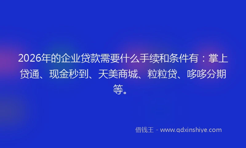 2026年的企业贷款需要什么手续和条件有：掌上贷通、现金秒到、天美商城、粒粒贷、哆哆分期等。