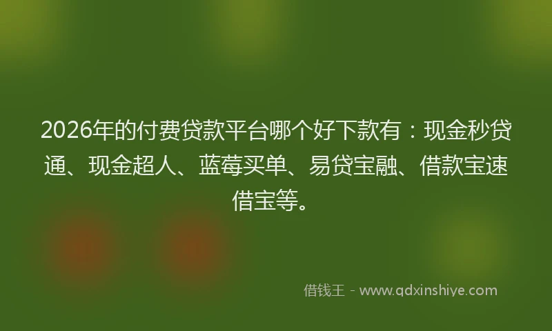 2026年的付费贷款平台哪个好下款有：现金秒贷通、现金超人、蓝莓买单、易贷宝融、借款宝速借宝等。