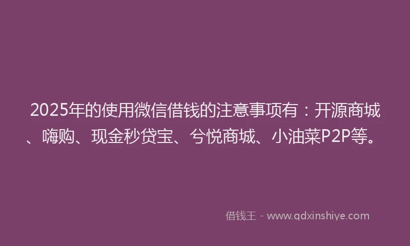 2025年的使用微信借钱的注意事项有:开源商城、嗨购、现金秒贷宝、兮悦商城、小油菜P2P等。