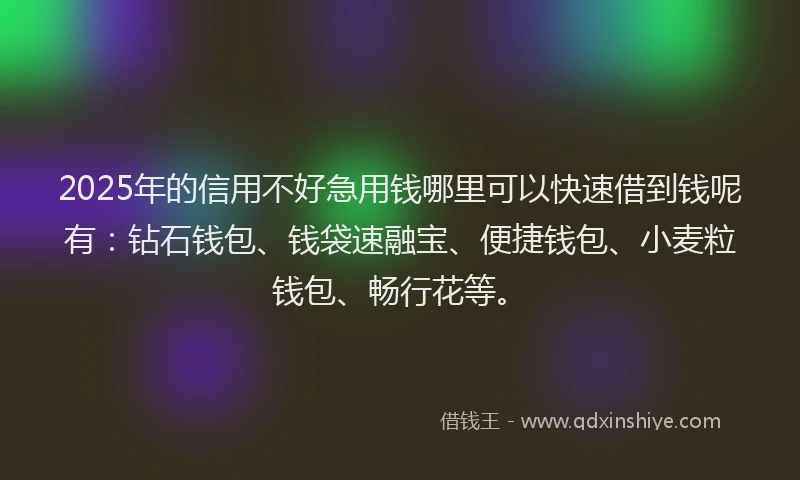 2025年的信用不好急用钱哪里可以快速借到钱呢有:钻石钱包、钱袋速融宝、便捷钱包、小麦粒钱包、畅行花等。