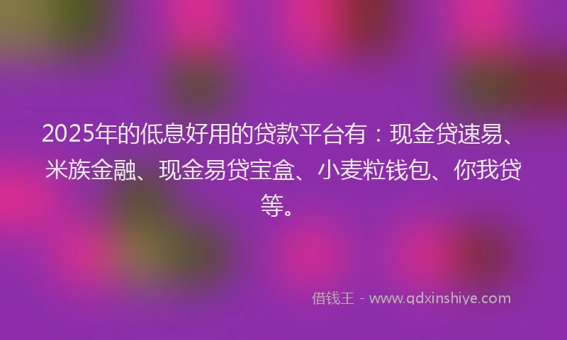 2025年的低息好用的贷款平台有：现金贷速易、米族金融、现金易贷宝盒、小麦粒钱包、你我贷等。