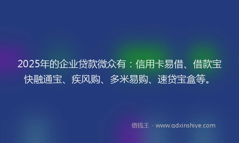 2025年的企业贷款微众有：信用卡易借、借款宝快融通宝、疾风购、多米易购、速贷宝盒等。