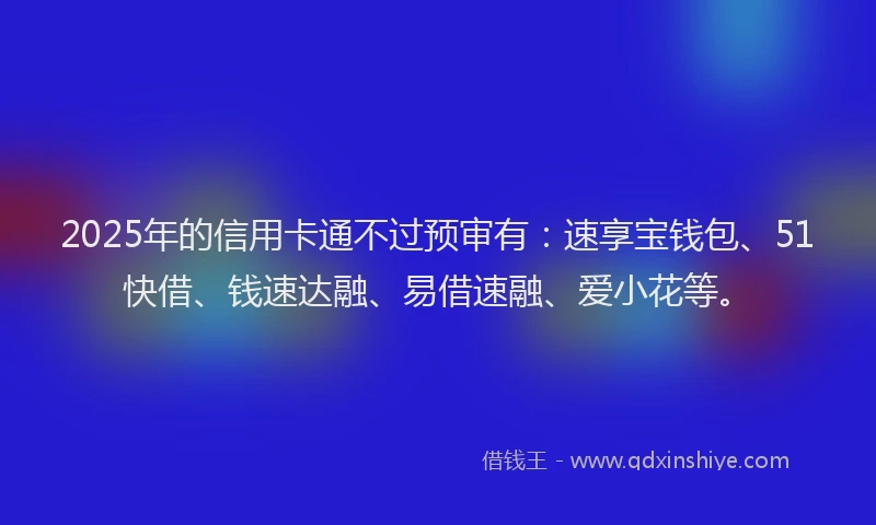 2025年的信用卡通不过预审有：速享宝钱包、51快借、钱速达融、易借速融、爱小花等。