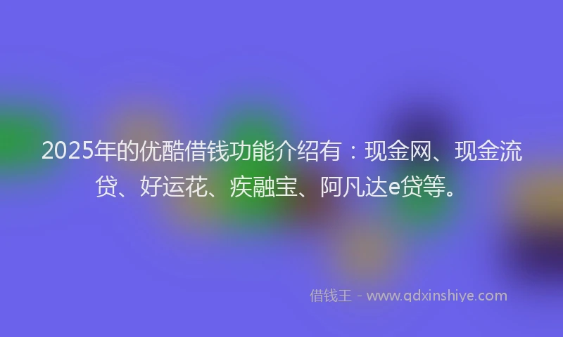 2025年的优酷借钱功能介绍有：现金网、现金流贷、好运花、疾融宝、阿凡达e贷等。