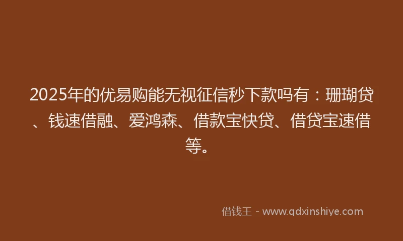 2025年的优易购能无视征信秒下款吗有:珊瑚贷、钱速借融、爱鸿森、借款宝快贷、借贷宝速借等。